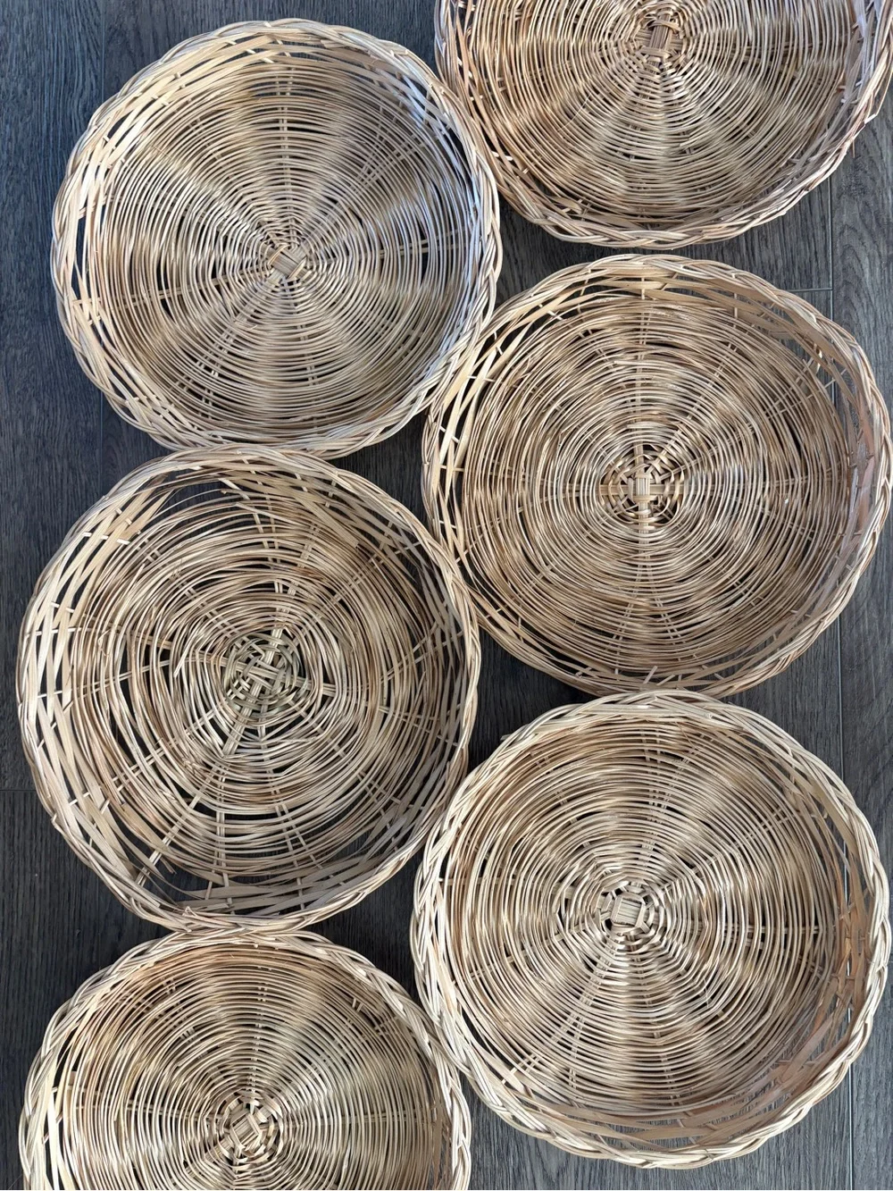 6 Rustic Wicker Basket Plates Rattan Flat Chargers Basket Wall Collage Vintage